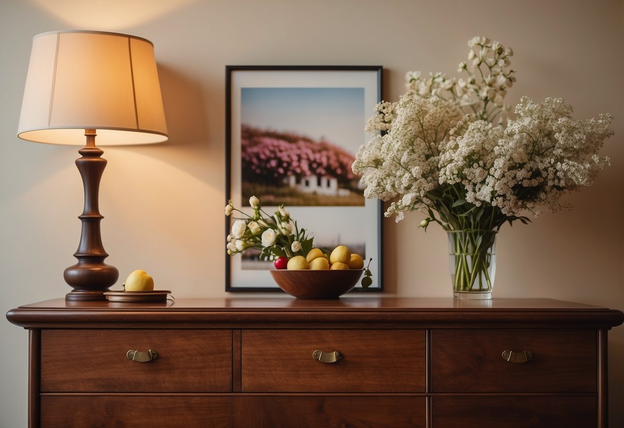 A cherry wood sideboard sits against a cream wall, adorned with a vase of fresh flowers and a stack of art books