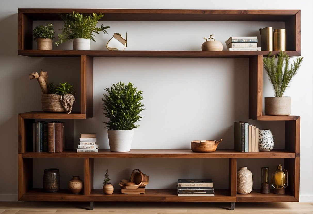 A brown acacia wood bookshelf stands against a white wall, adorned with various home decor items