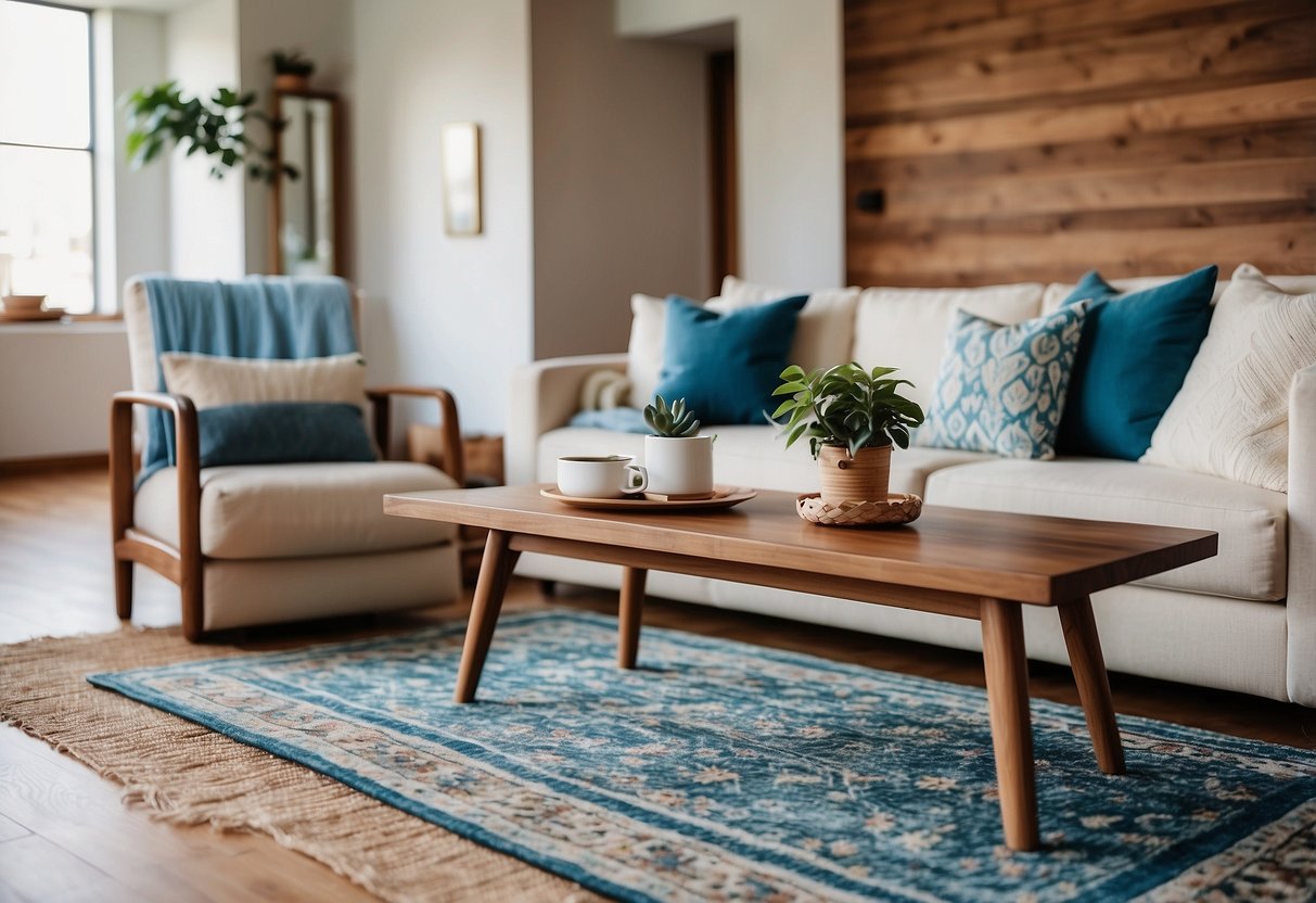 A cozy living room with a brown wooden coffee table, a soft cream-colored couch, and a vibrant blue rug. The warm tones of the wood complement the coolness of the blue, creating a harmonious and inviting space