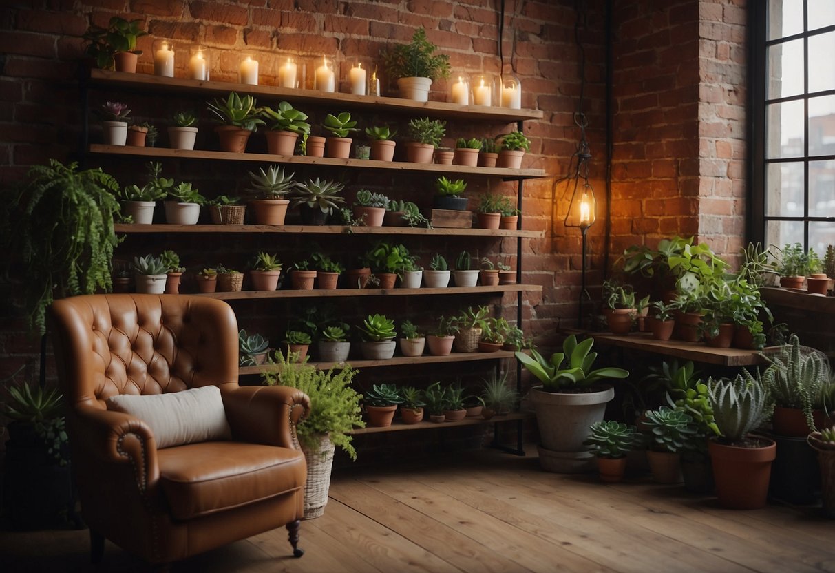 A brick wall adorned with hanging plants and vintage signs. A wooden shelf displays succulents and candles. A cozy armchair sits nearby