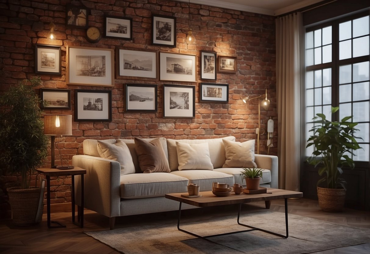 A cozy living room with a vintage brick wallpaper accent wall, adorned with antique frames and warm lighting