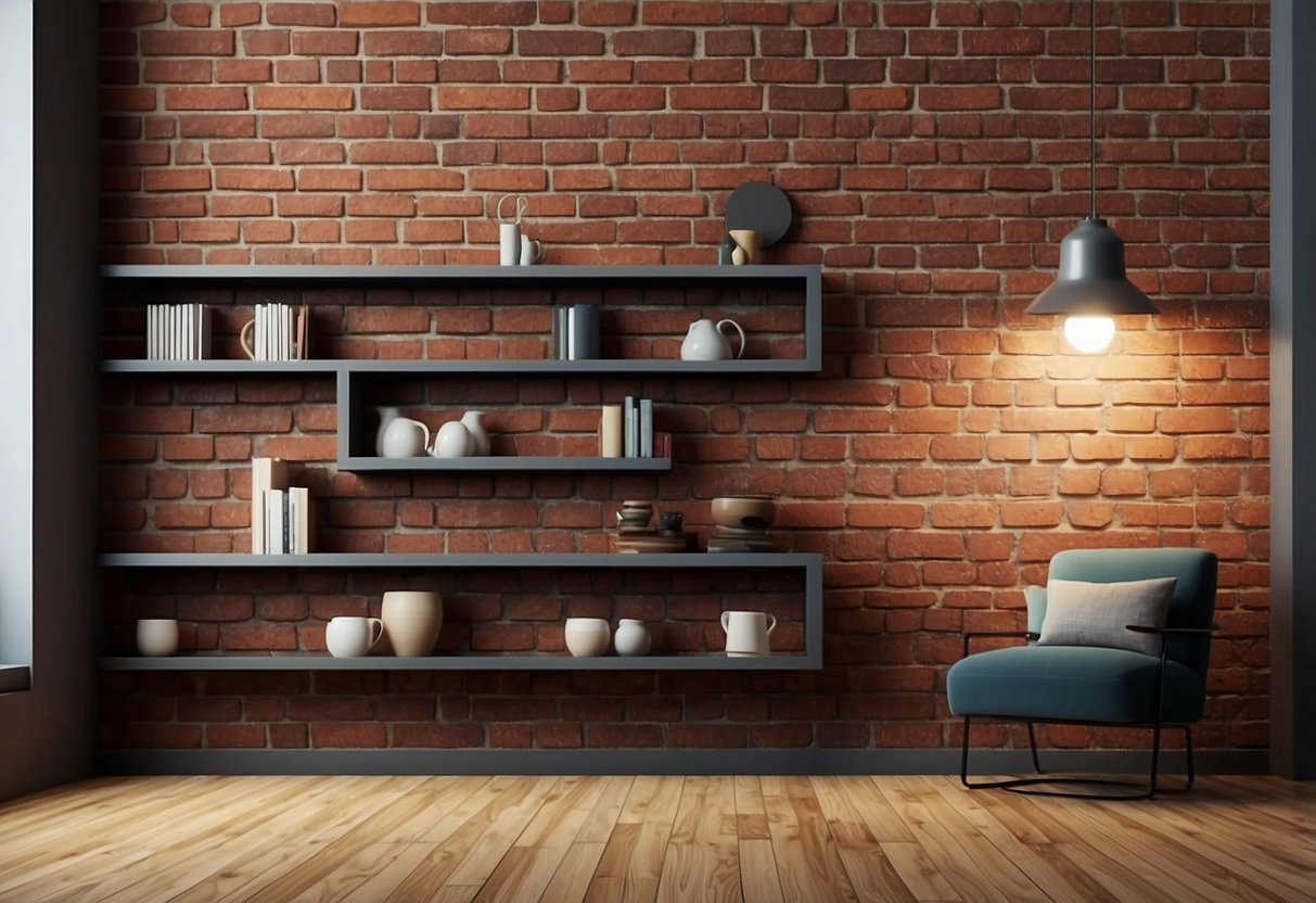 Brick patterned shelves against a brick wall, showcasing home decor items