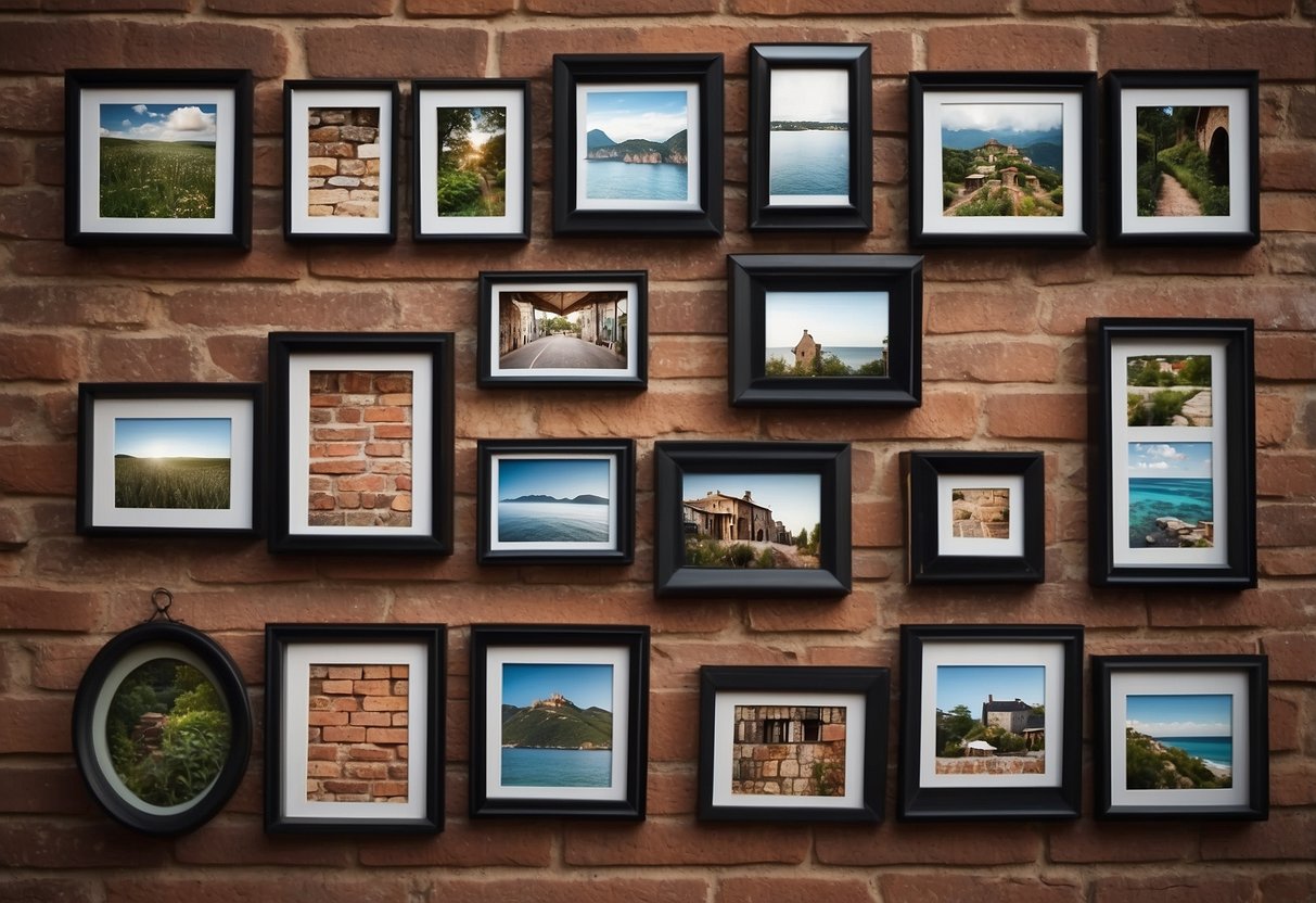 A brick wall adorned with photo frames in various sizes and designs, creating a rustic and charming home decor idea