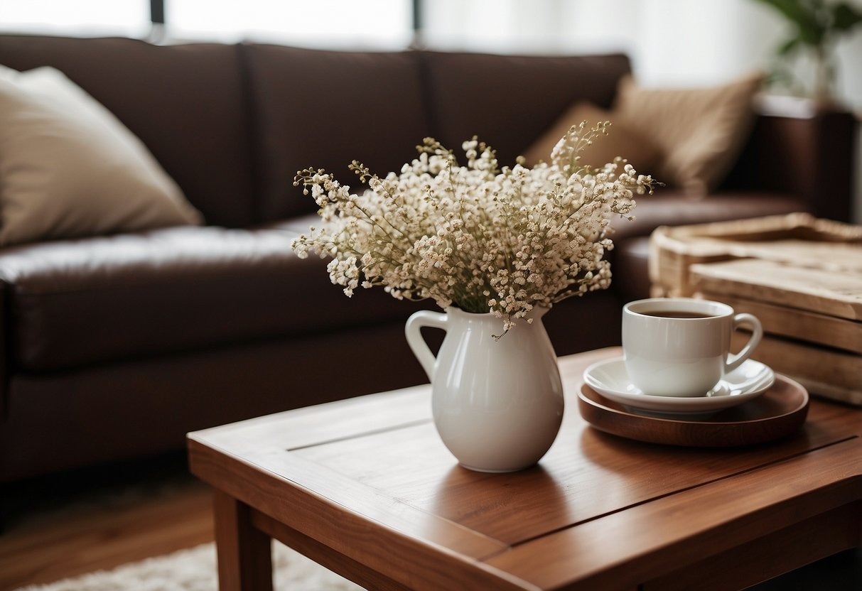 A cozy living room with a brown leather sofa, white throw pillows, and a wooden coffee table adorned with a vase of dried flowers