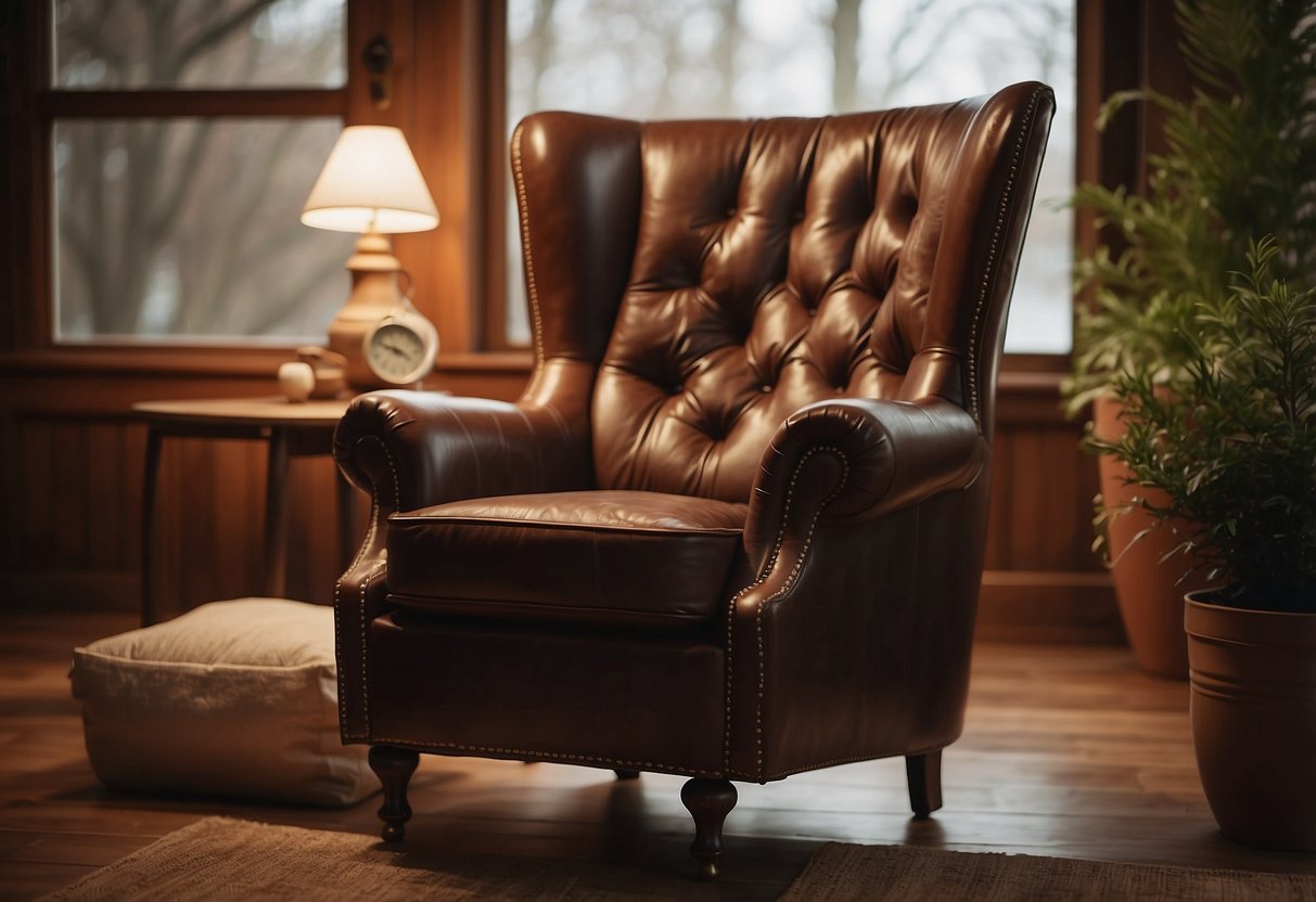 A vintage leather armchair sits in a cozy corner, surrounded by warm brown and white home decor accents