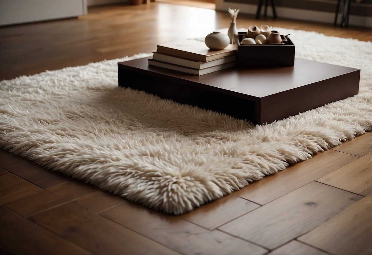 A geometric white rug lies on a hardwood floor, surrounded by brown and white home decor items