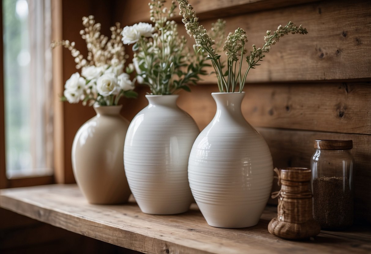 Three white ceramic vases arranged on a rustic wooden shelf, surrounded by neutral brown and white home decor accents