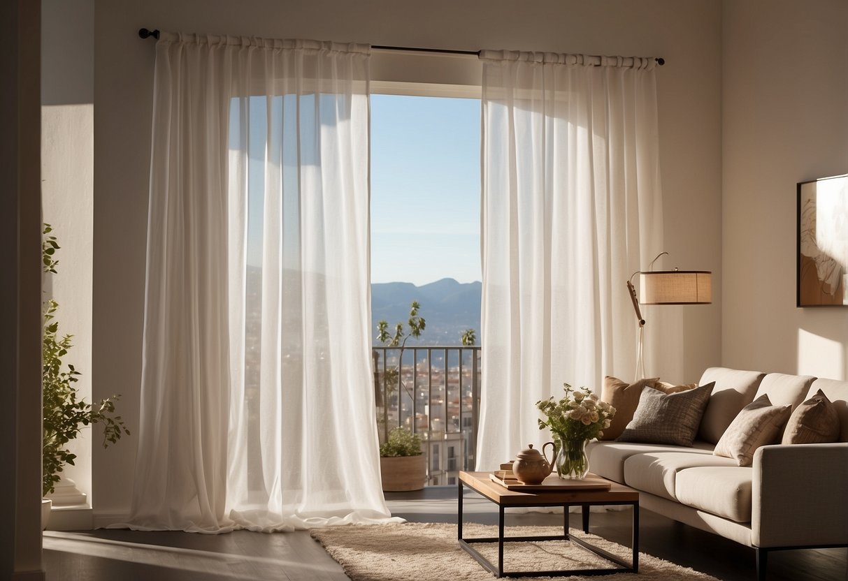 White sheer curtains hang in a sunlit room, with brown and white home decor accents