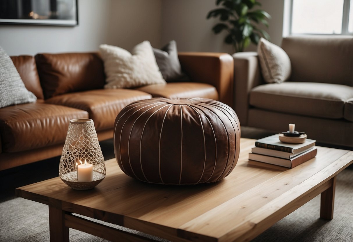 A cozy living room with a brown leather pouf as the centerpiece, surrounded by white home decor accents