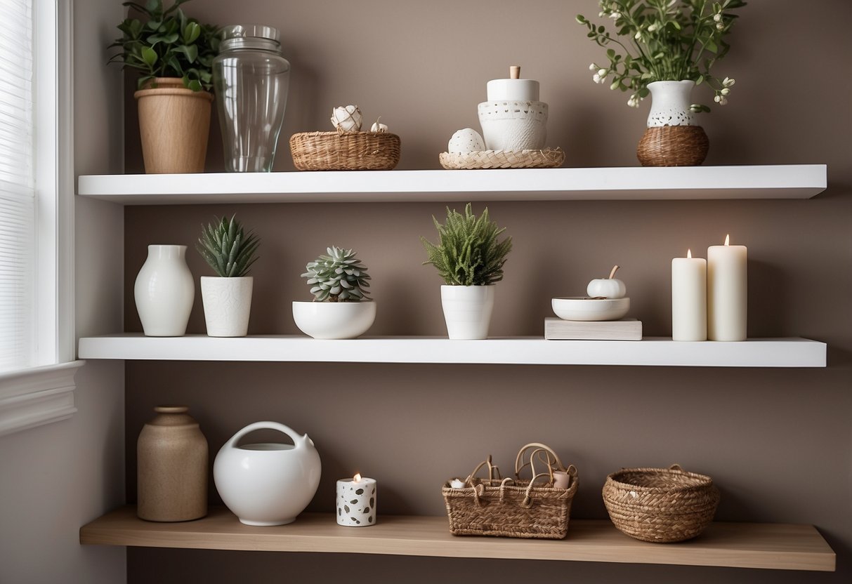 White floating shelves adorned with brown and white home decor items