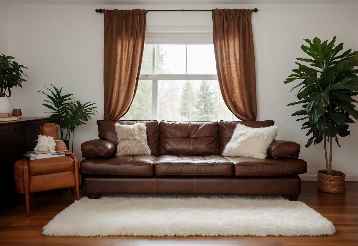 A cozy living room with a brown leather sofa, white walls, and wooden furniture. A fluffy white rug and brown throw pillows add warmth