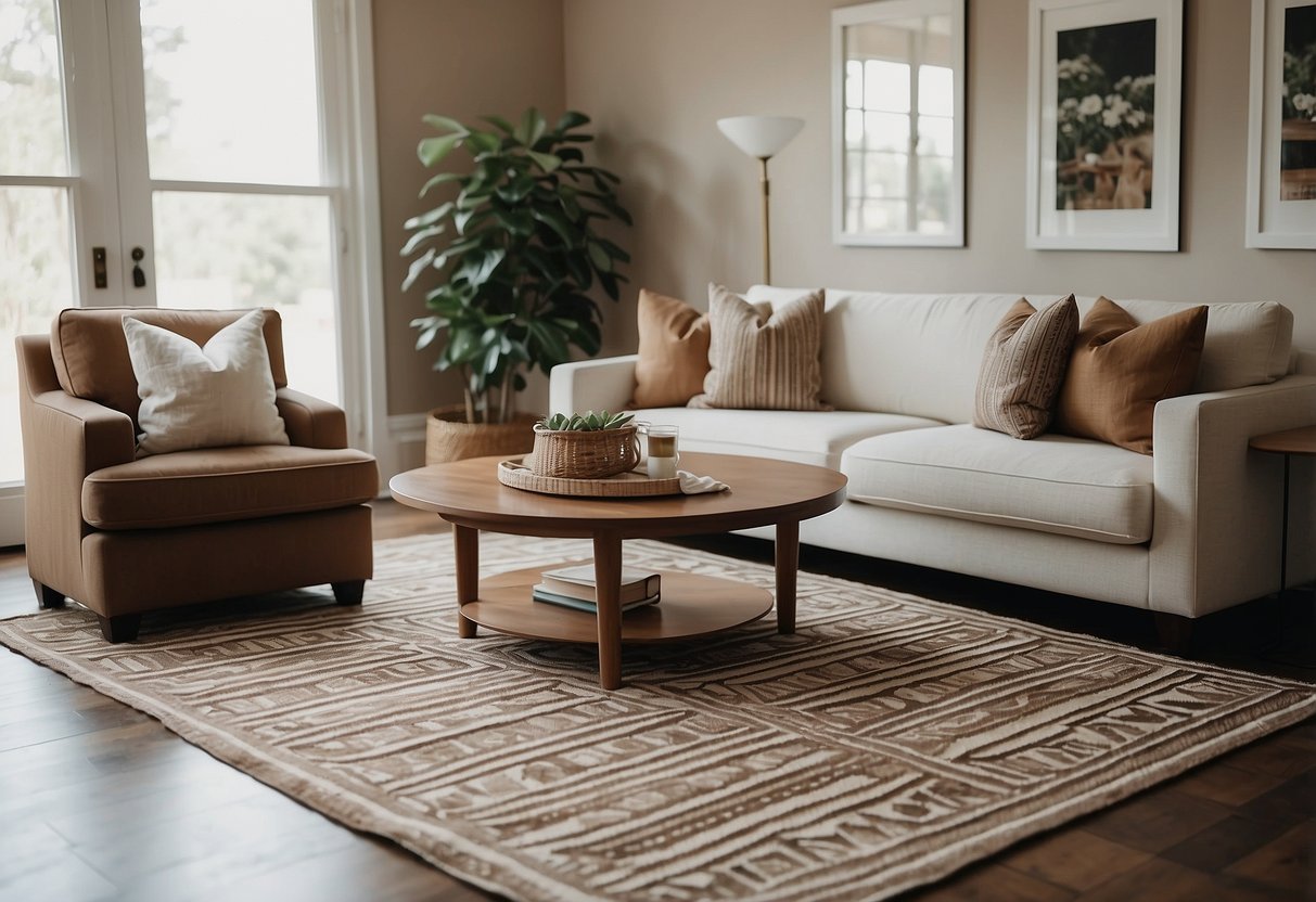 A living room with a brown and white geometric patterned rug, complemented by striped throw pillows on a neutral-colored couch