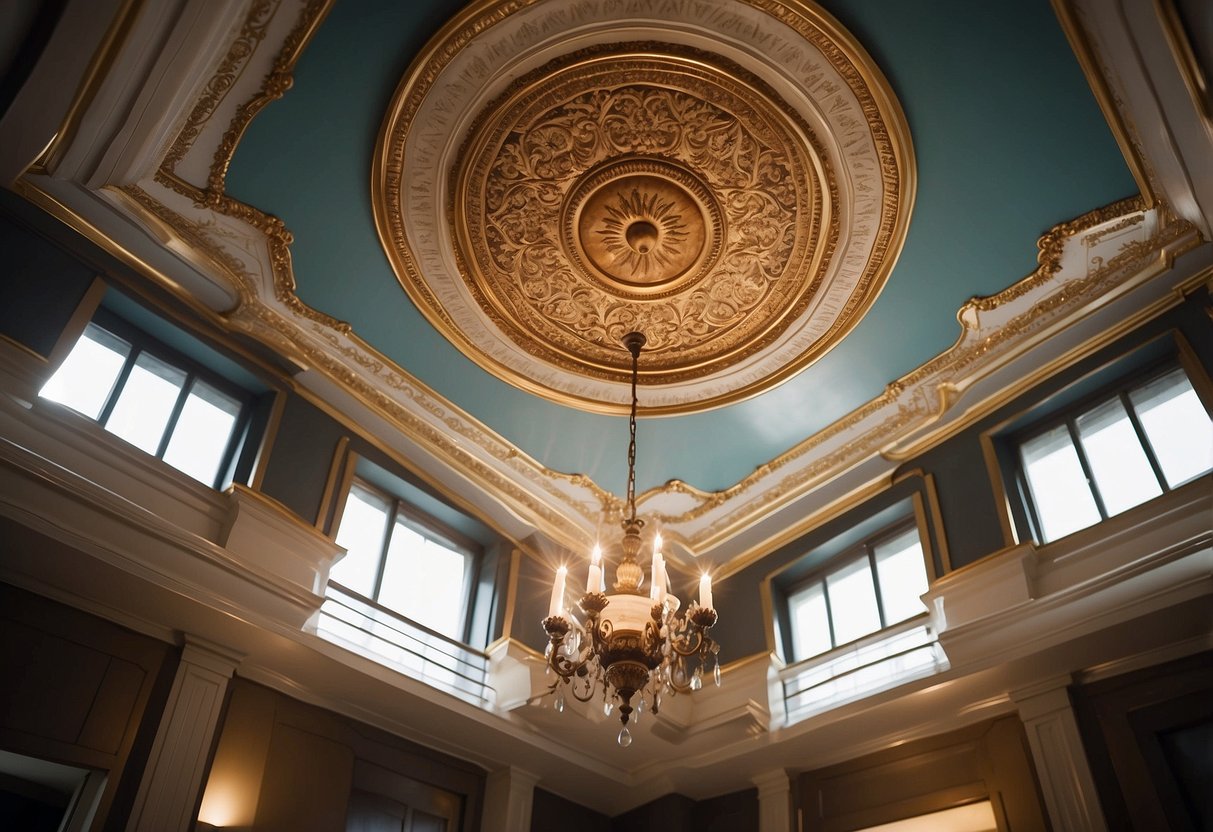 A room with intricate ceiling molding, pendant lights, and a decorative ceiling medallion