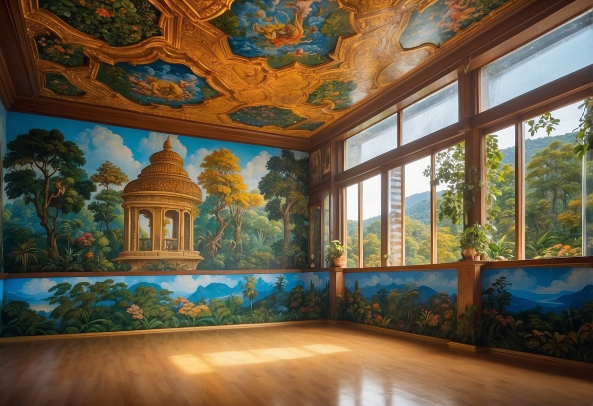 Vibrant painted murals cover the ceiling, depicting lush landscapes and intricate patterns, adding a unique and artistic touch to the home decor