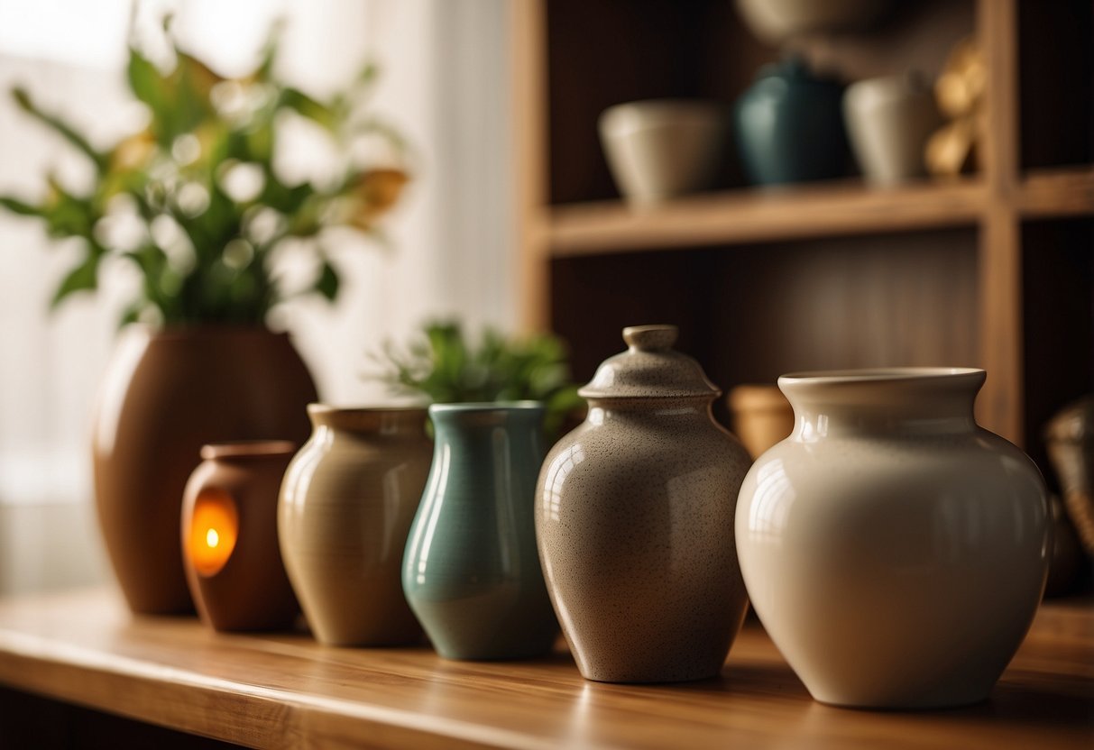 A cozy living room with ceramic vases, bowls, and figurines displayed on shelves and tables. The warm glow of sunlight filters through the window, casting soft shadows on the beautiful pieces