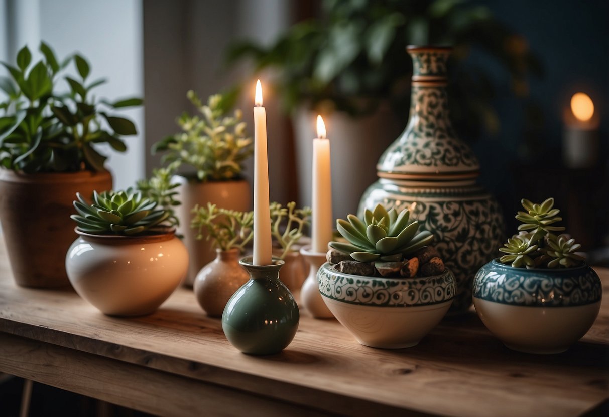 A table with ceramic vases, bowls, and figurines. Plants and candles add to the cozy atmosphere