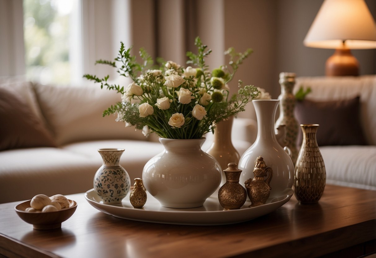 A table with ceramic vases, bowls, and figurines arranged in a living room setting with soft lighting and cozy furnishings