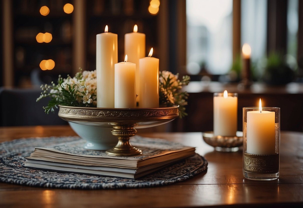 A centerpiece of candles, vases, and books on a wooden table with a patterned rug underneath