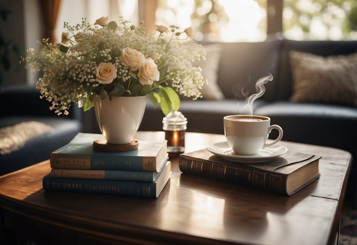 A vintage coffee table sits in a cozy living room, adorned with a stack of old books, a vase of fresh flowers, and a steaming cup of coffee