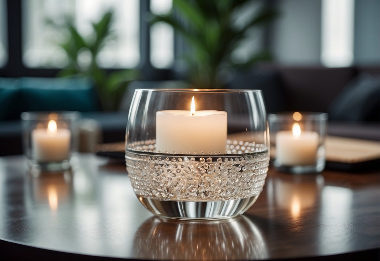 A glass-top centerpiece adorns a modern center table, surrounded by sleek home decor