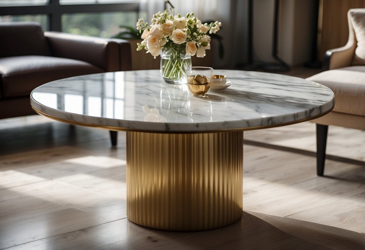 A marble top center table sits in a well-lit room, surrounded by elegant decor and soft, ambient lighting