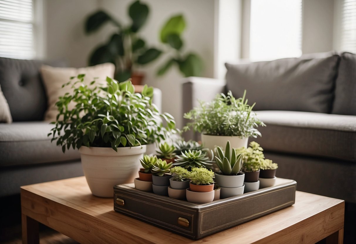 A multi-tiered storage table sits in a well-lit living room, adorned with decorative items and plants. The table is the centerpiece of the room, adding both functionality and style to the space