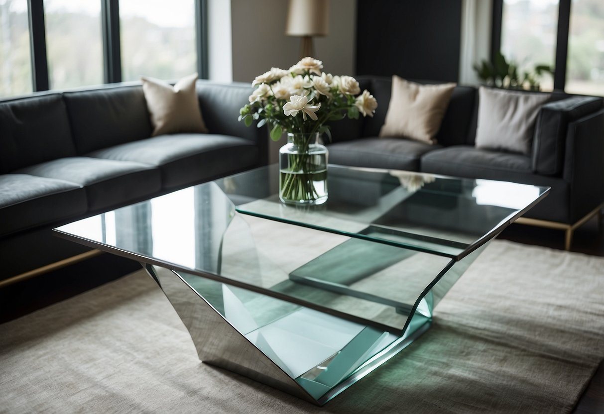 A sleek, geometric glass table sits in a modern living room, adorned with minimalist decor and surrounded by contemporary furniture