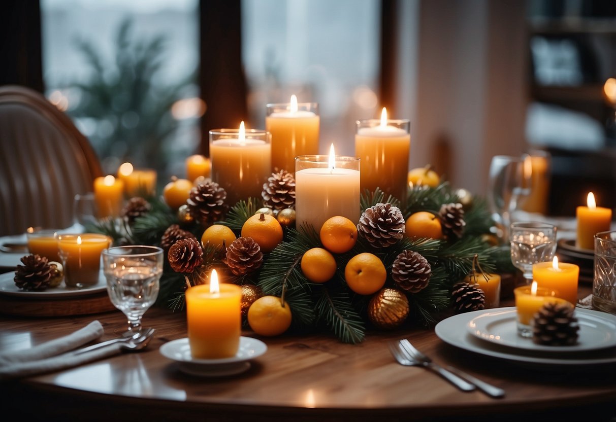 A center table adorned with colorful seasonal decorations and candles, creating a cozy and festive home decor atmosphere