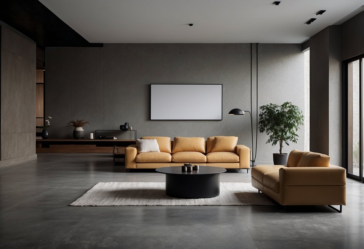 A minimalist living room with concrete floors, adorned with modern furniture and abstract art