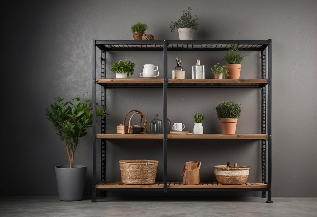 Industrial-style shelving against a cement floor, showcasing home decor items