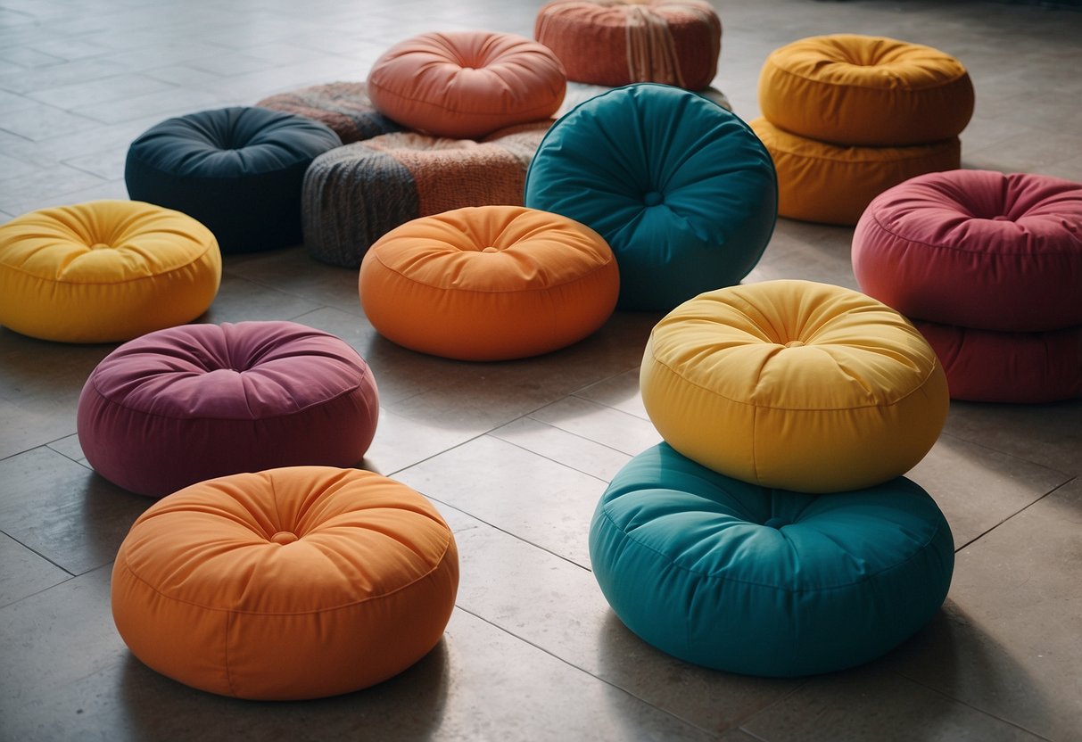 Colorful floor pillows arranged on a cement floor, adding a cozy and stylish touch to the home decor