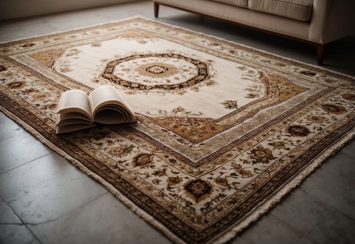 A vintage area rug lies on a cement floor, surrounded by home decor items