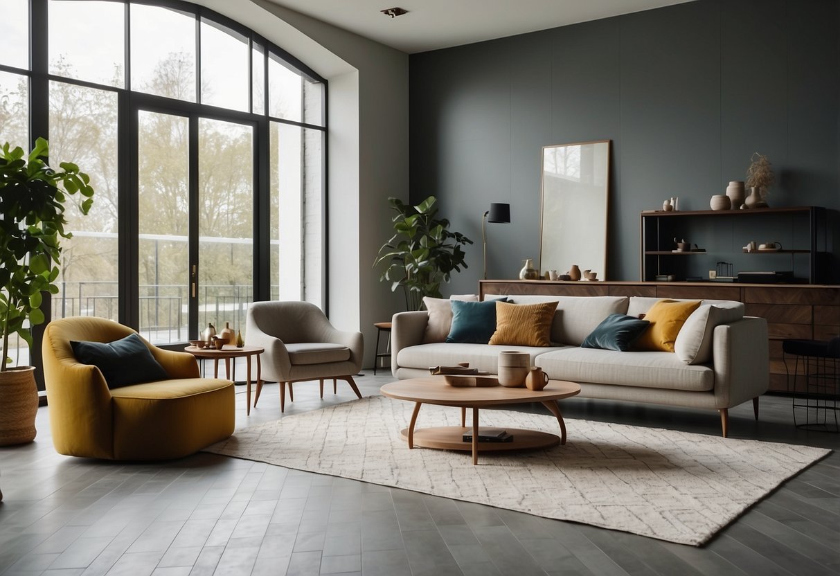 A spacious living room with herringbone patterned cement flooring, adorned with minimalist home decor and natural light streaming in from large windows