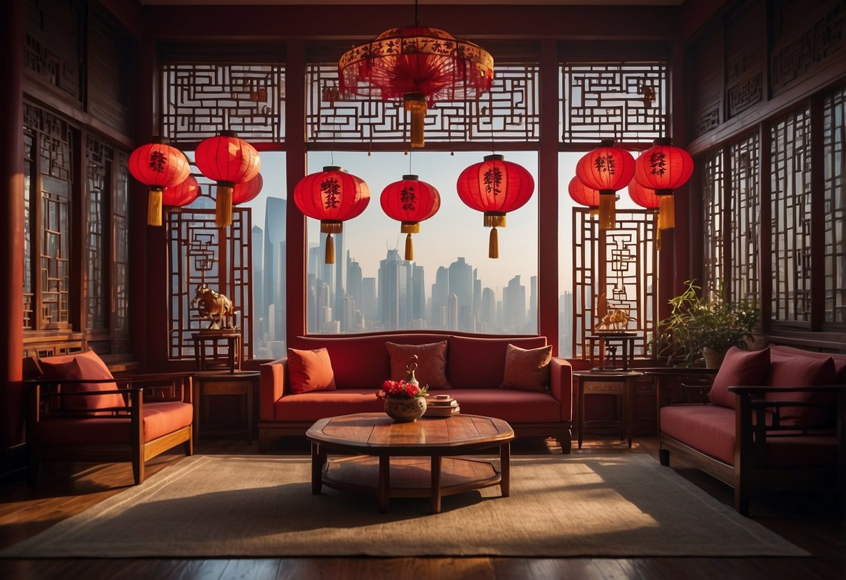 A traditional Chinese living room with red lanterns, wooden furniture, and intricate paper-cut window decorations