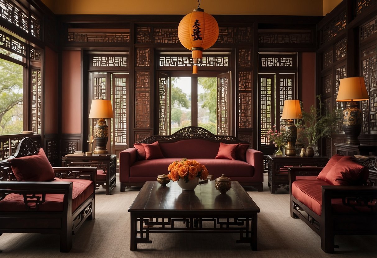 A room with lacquered furniture, featuring ornate designs and rich colors. Traditional Chinese decor accents include silk lanterns and intricate carved wood details