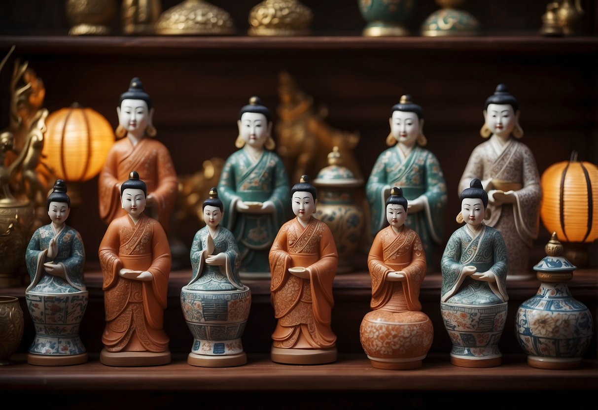 A collection of terracotta figurines arranged on a wooden shelf, surrounded by traditional Chinese home decor such as lanterns, silk fabrics, and intricate porcelain vases