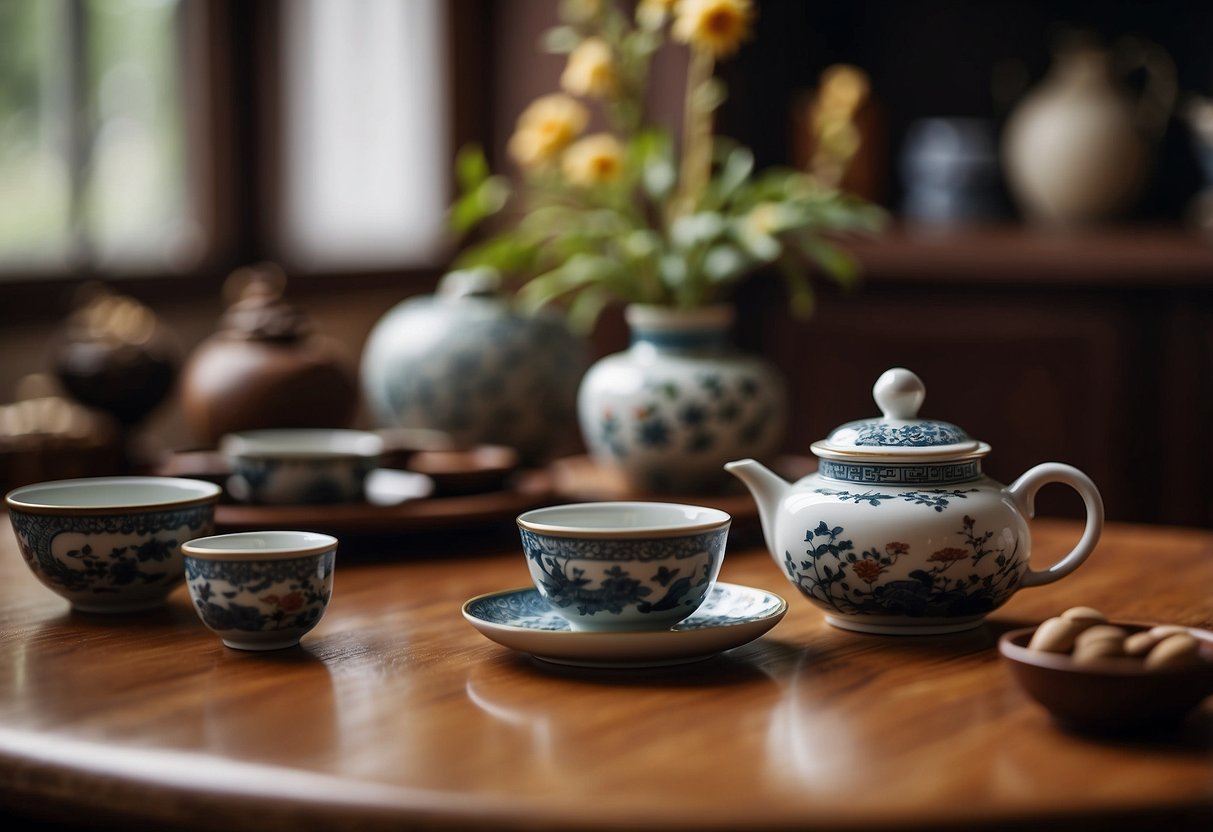 A traditional Chinese tea set with Yixing teapots displayed on a wooden table, surrounded by oriental home decor items