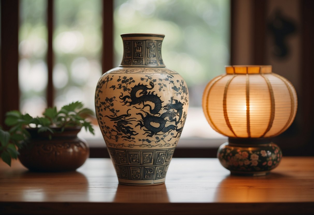 A Han Dynasty pottery vase sits on a wooden table, surrounded by traditional Chinese home decor such as silk lanterns and calligraphy scrolls