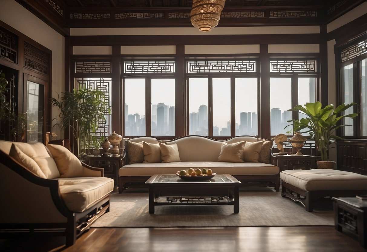 A cozy living room with Qipao cushions, traditional Chinese decor, and elegant furniture