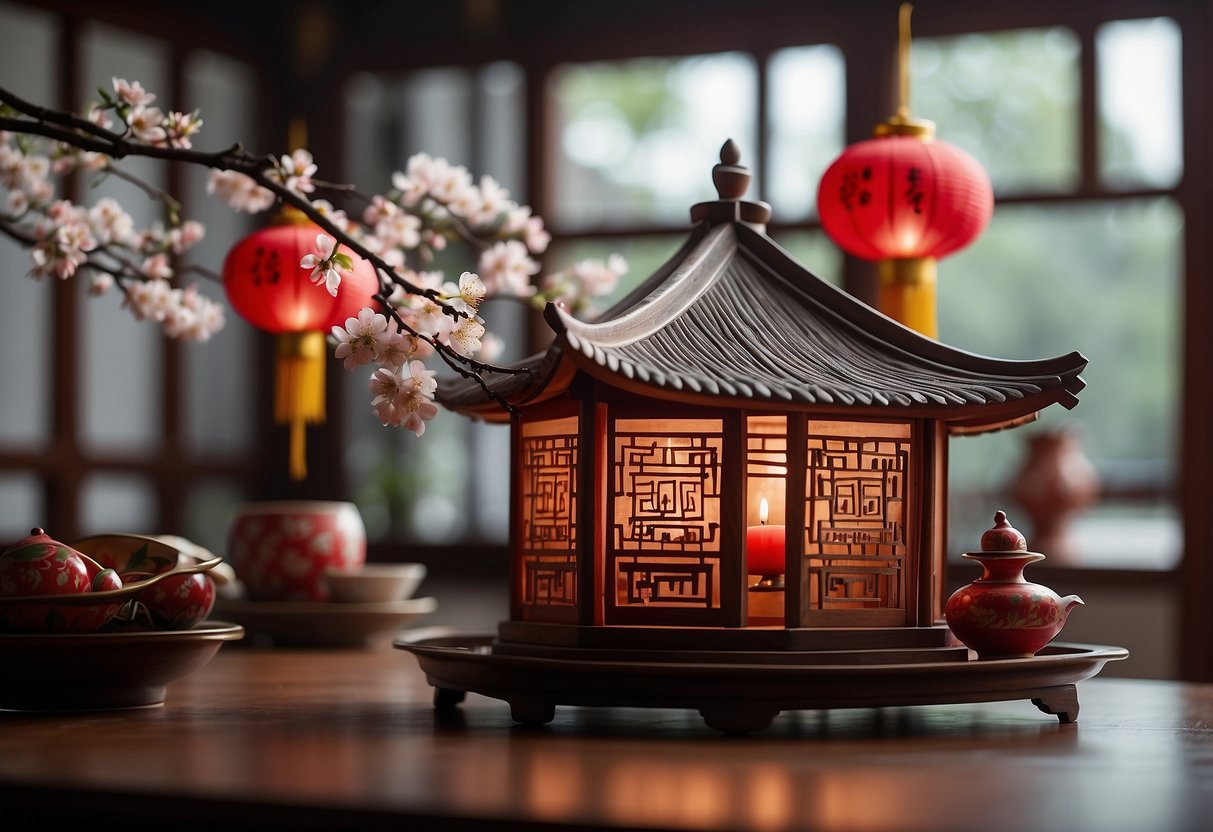 A traditional Chinese home with red lanterns, jade figurines, and intricate paper cuttings adorning the walls. A large wooden table is set with delicate teacups and a vase of cherry blossoms