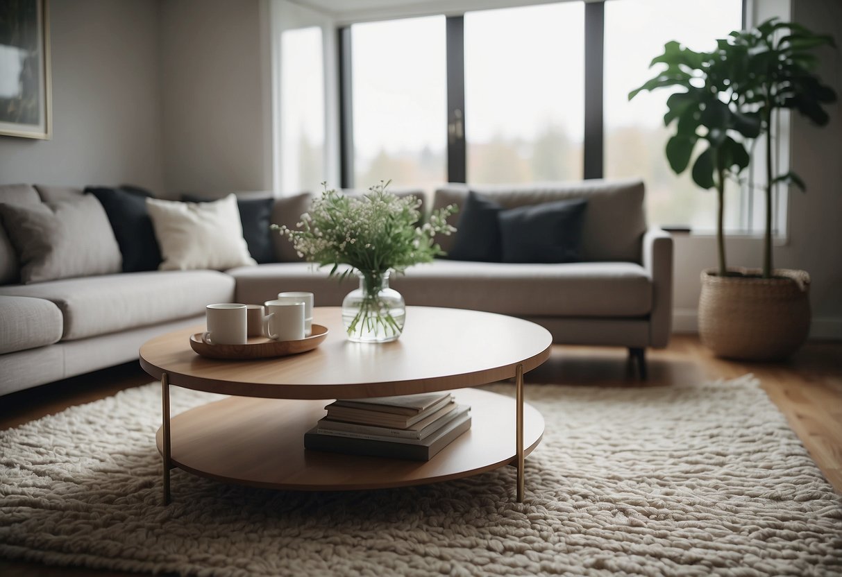 A cozy living room with a circular rug, round wall art, and a spherical vase on a coffee table