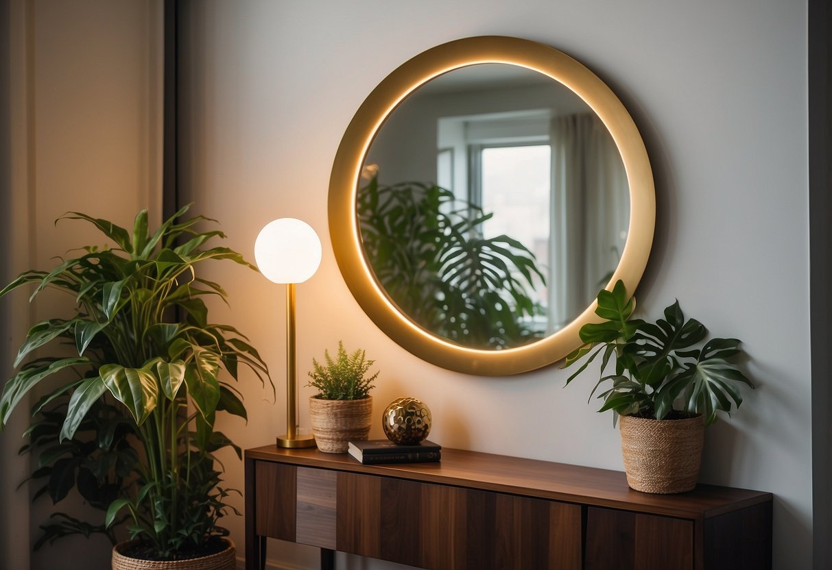 A circular brass wall mirror reflects light in a cozy living room, surrounded by green plants and warm wood accents