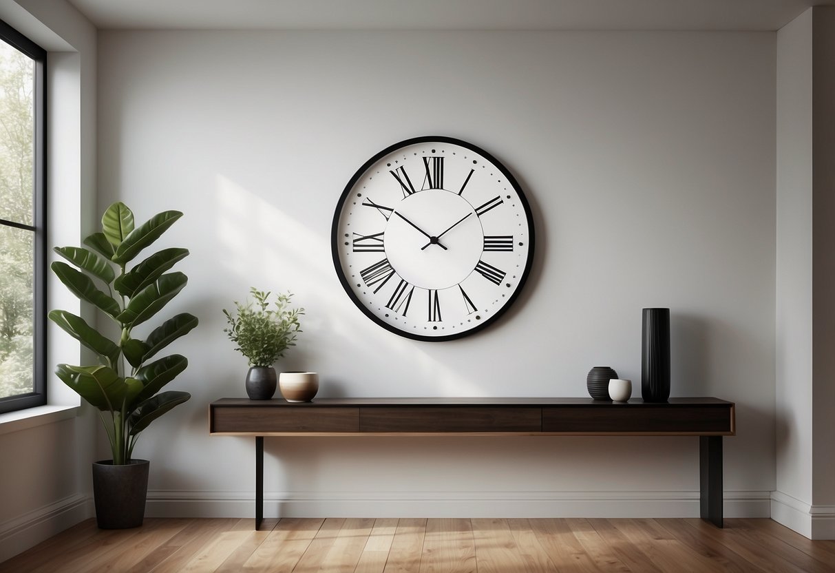 A modern geometric circle clock hangs on a clean, white wall in a minimalist home, surrounded by other circular decor pieces