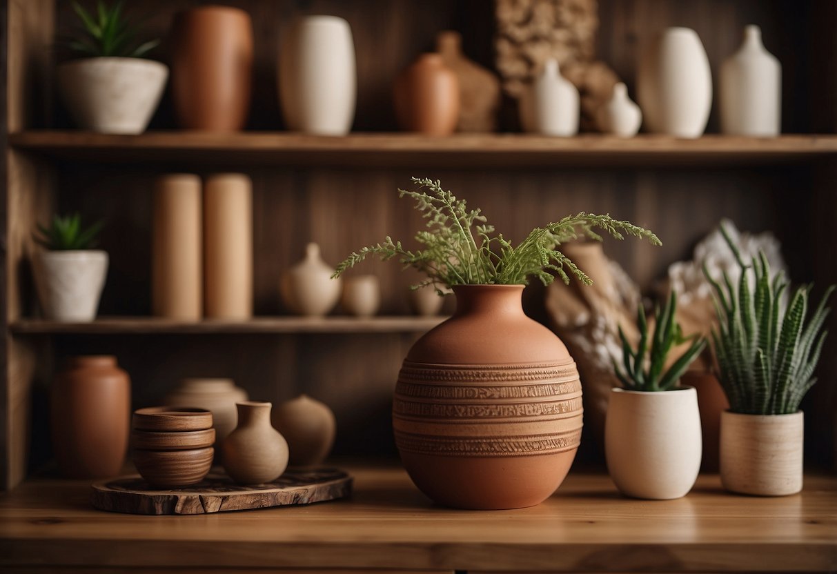 A circular clay vase sits on a wooden shelf, surrounded by other handmade decor items. The warm earthy tones of the vase add a cozy touch to the room