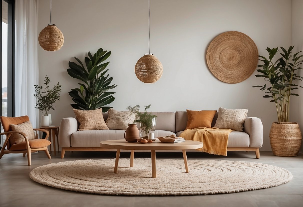 A cozy living room with a circular rug, round wall art, and spherical decor accents. Natural light filters in through the window, creating a warm and inviting atmosphere