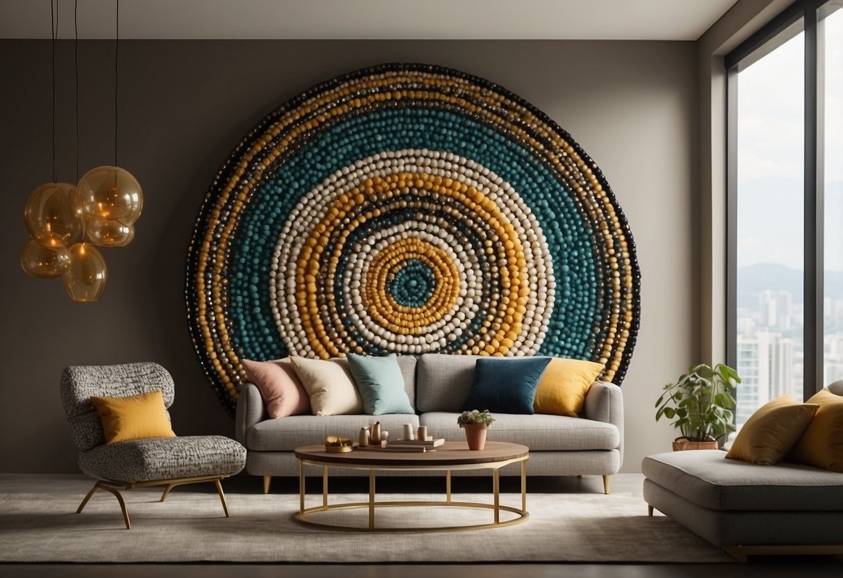 A circular wall art piece hangs above a modern sofa, complemented by round throw pillows and a spherical table. The room features a cohesive color scheme and balanced placement of circular decor elements