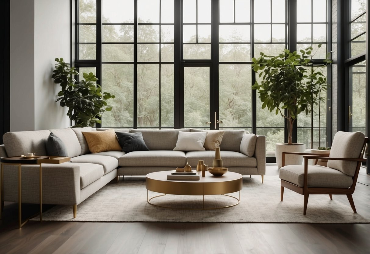 A spacious living room with clean lines, neutral colors, and a mix of modern and traditional furniture. Large windows let in natural light, and decorative accents like geometric shapes and metallic finishes add a touch of elegance