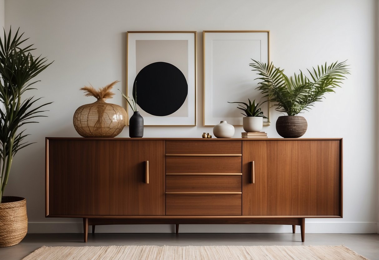 A sleek Mid-Century Modern sideboard sits against a white wall, adorned with minimalist decor and surrounded by clean lines and natural materials