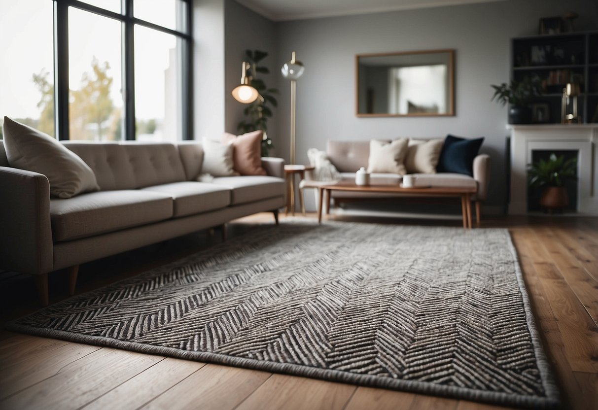 A herringbone patterned area rug lies in a modern classic living room, adding warmth and texture to the decor