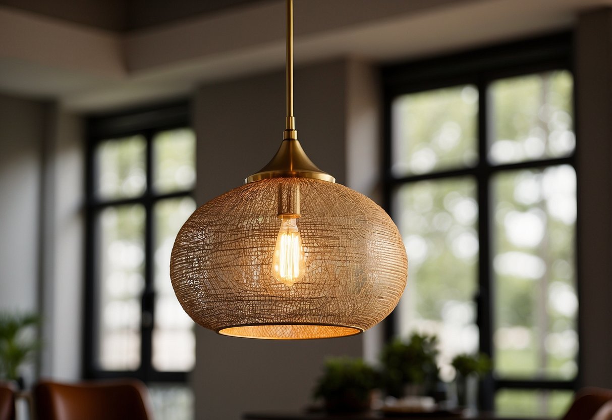 A sleek brass pendant light fixture hangs in a modern, classic home setting, casting a warm and inviting glow over the space